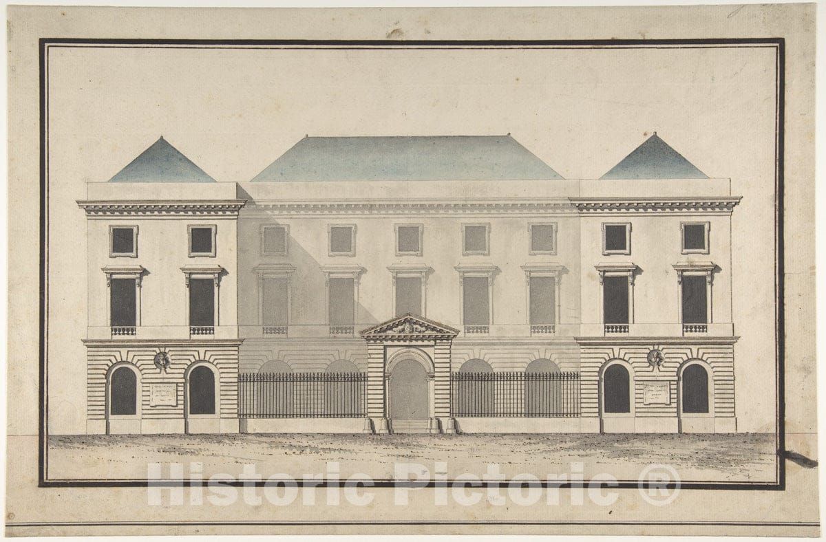 Art Print : Jean François Chalgrin - Design for The Collège de France, Paris: Elevation of Court Front Showing Entrance Screen : Vintage Wall Art