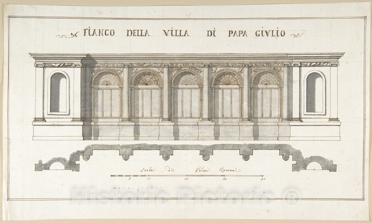 Art Print : Pietro Paolo Coccetti (Cocchetti) - Side Elevation of The Villa of Pope Julius III. : Vintage Wall Art