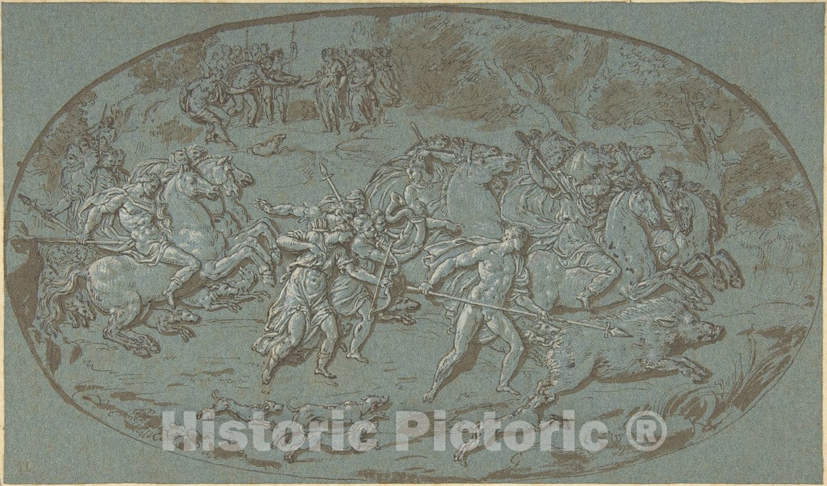 Art Print : Circle of Bernard Picart - Hunt of The Calydonian Boar : Vintage Wall Art