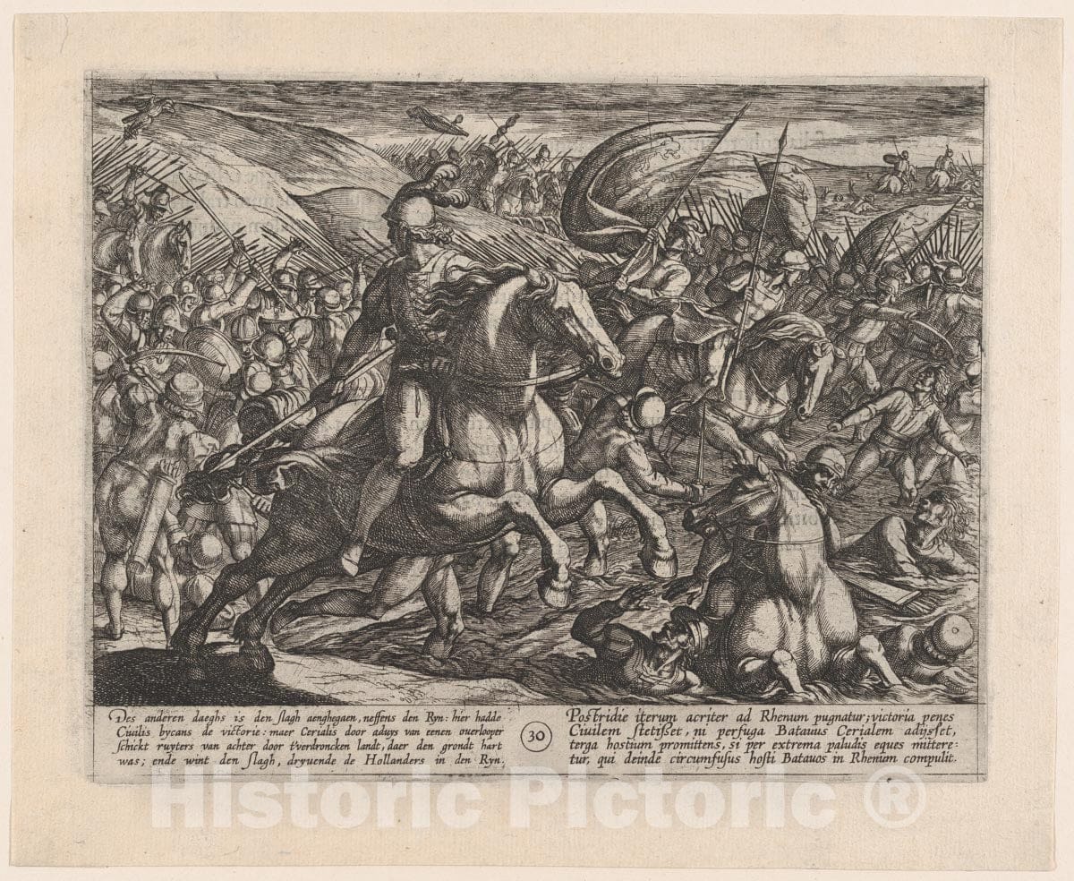 Art Print : Antonio Tempesta - Plate 30: Cerialis Driving The Dutch into The Rhine, from The War of The Romans Against The Batavians v.2 : Vintage Wall Art