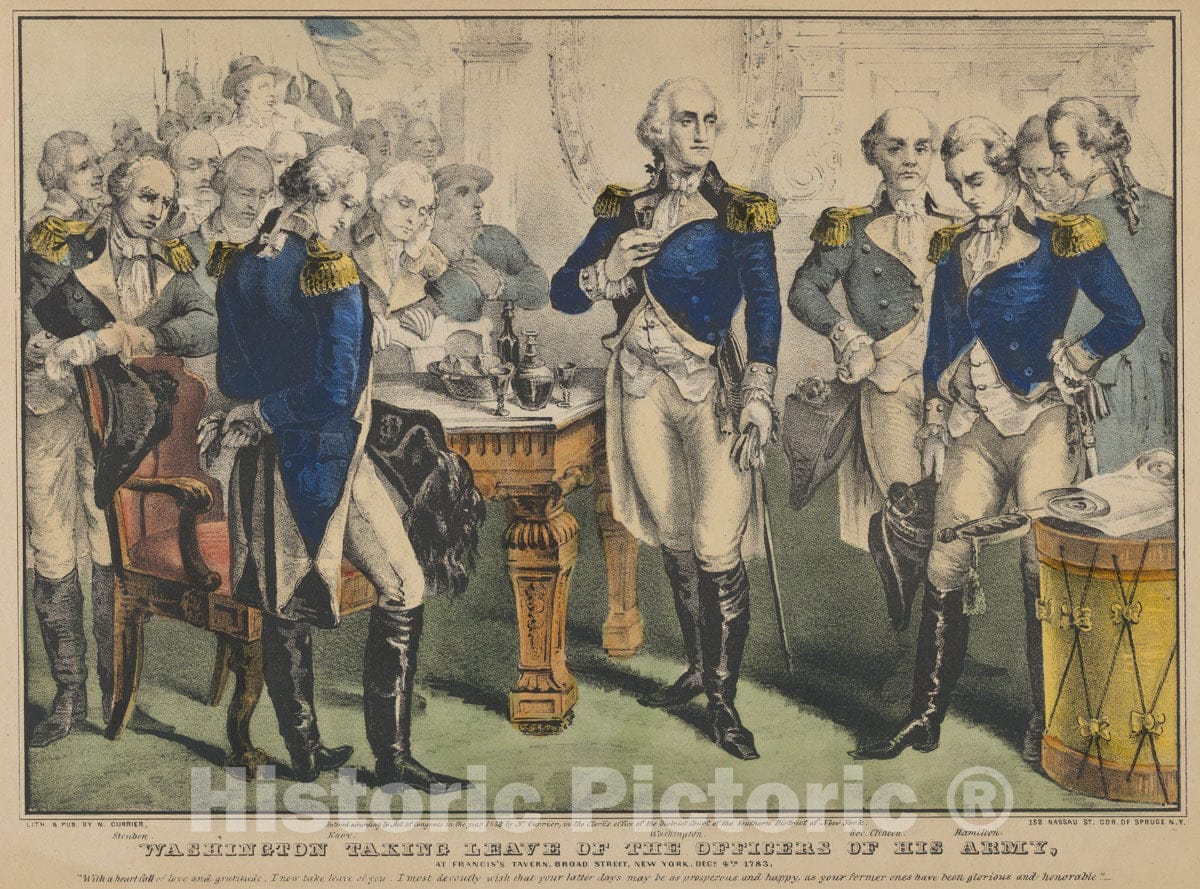 Art Print : Washington Taking Leave of The Officers of His Army–at Francis's Tavern - Artist: Nathaniel Currier - Created: 1848 : Vintage Wall Art