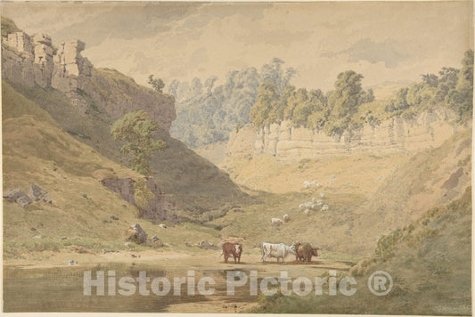 Art Print : John Henry Mole - Cattle at a Watering Hole in a Valley : Vintage Wall Art