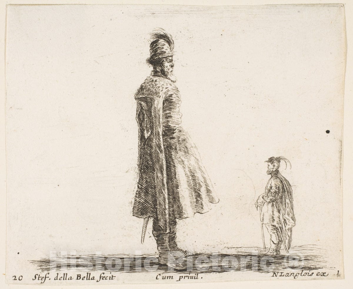 Art Print : Plate 20: an Old Polish Nobleman Wearing a plumed hat in Center - Artist: Stefano Della Bella - Created: c1644 1 : Vintage Wall Art