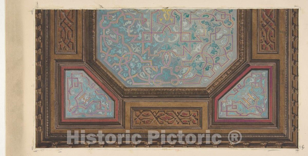 Art Print : Jules-Edmond-Charles Lachaise - Design for The Painted Decoration of a coffered Ceiling with The Monogram: H : Vintage Wall Art