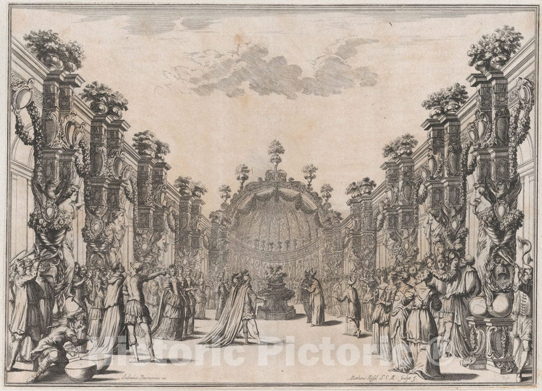 Art Print : Mathäus Küsel - A Large Group Gathered in a Courtyard Before a Domed Structure