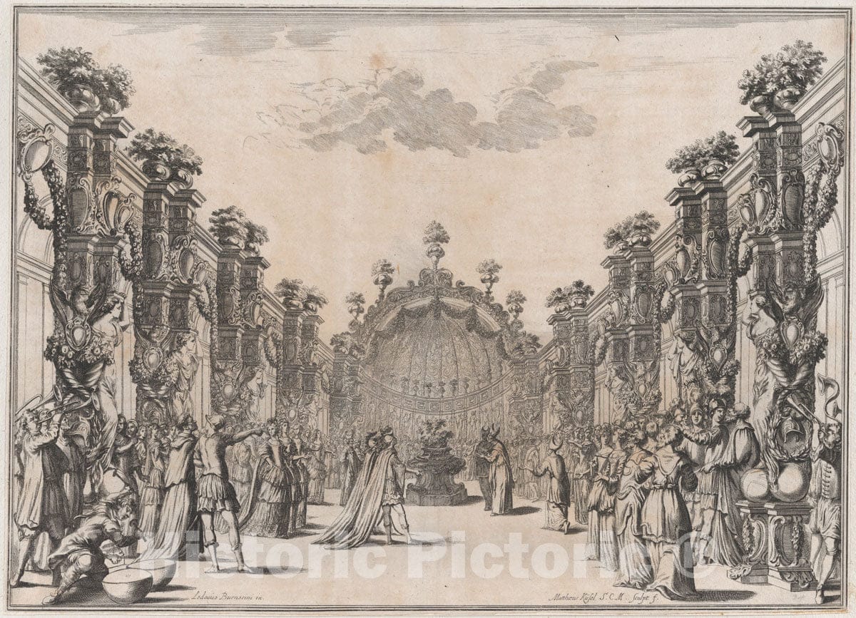 Art Print : Mathäus Küsel - A Large Group Gathered in a Courtyard Before a Domed Structure