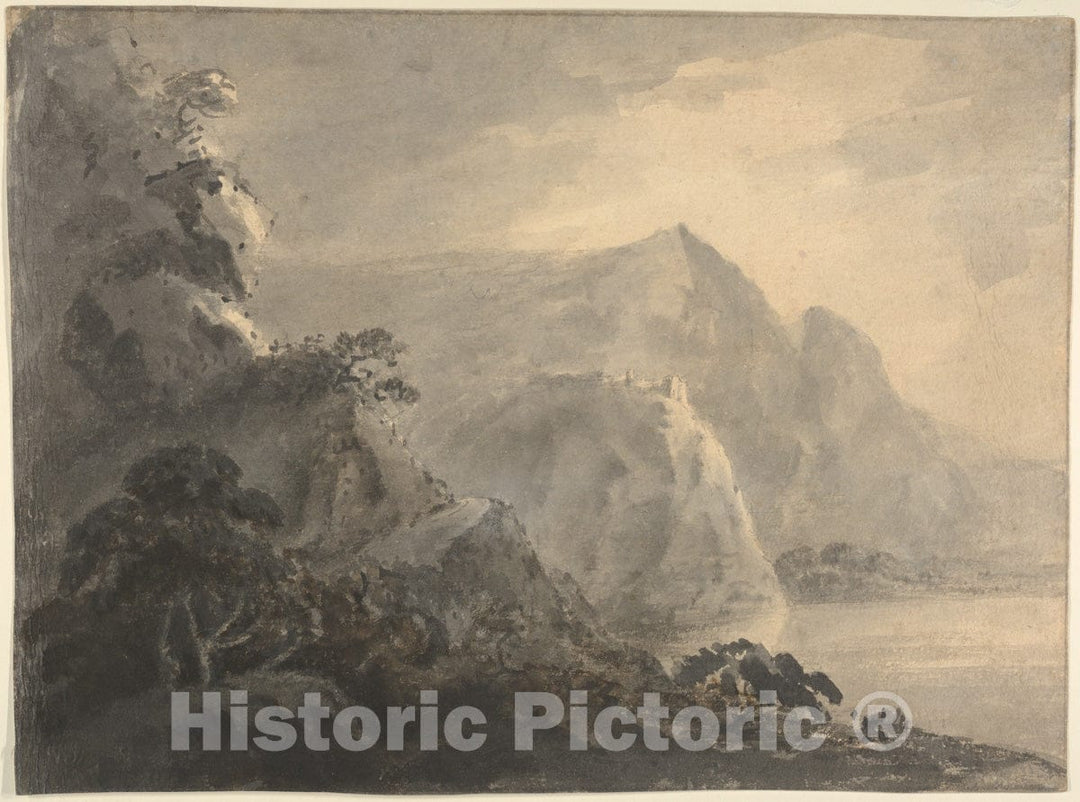 Art Print : William Gilpin - Landscape with Hill, Lake and Figures : Vintage Wall Art