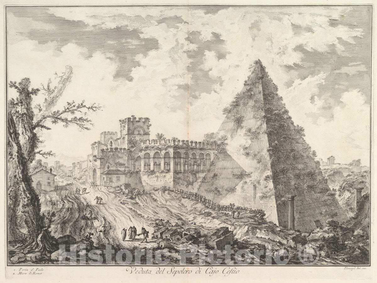 Art Print : Giovanni Battista Piranesi - The Pyramid of Caius Cestius, with The Porta S. Paolo and adjoining Road (Veduta del Sepolcro di Cajo Cestio) : Vintage Wall Art