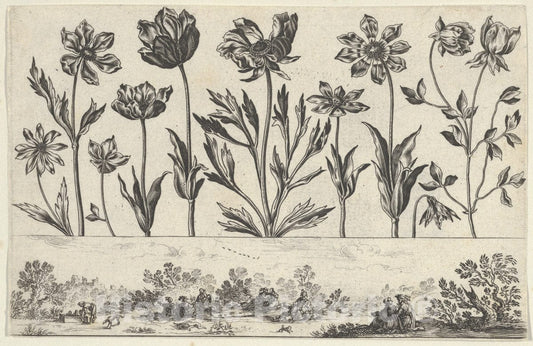 Art Print : Nicolas Cochin - Horizontal Panel with a Row of Flowers Above a Frieze with Figures in a Landscape 3 : Vintage Wall Art