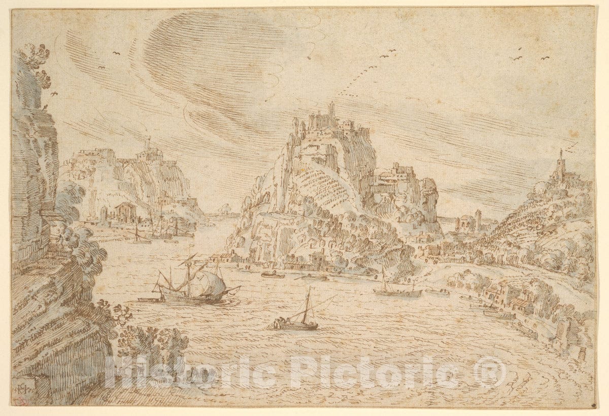 Art Print : Hendrik Van Cleve - A Rocky Estuary with Ships and Hill Towns : Vintage Wall Art