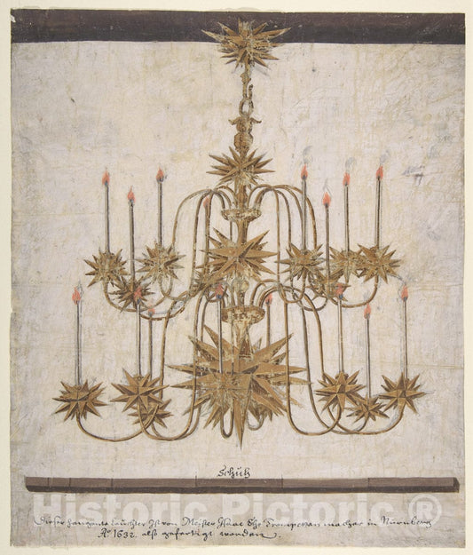Art Print : Isaak Ehe - Design for a Chandelier with Sixteen Candles : Vintage Wall Art