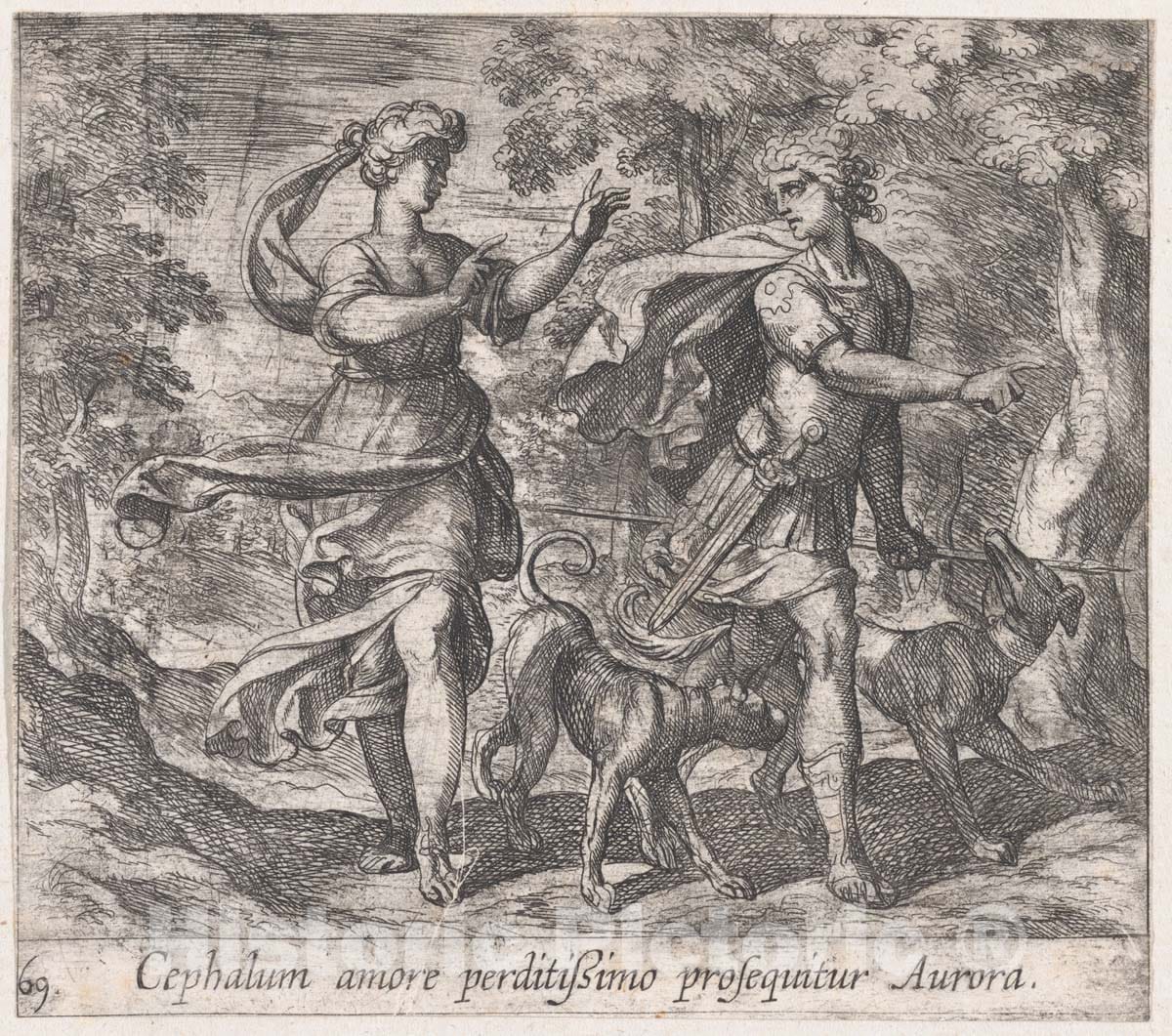 Art Print : Antonio Tempesta - Plate 69: Cephalus and Aurora (Cephalum Amore perditißimo prosequitar Aurora), from Ovid's 'Metamorphoses' : Vintage Wall Art