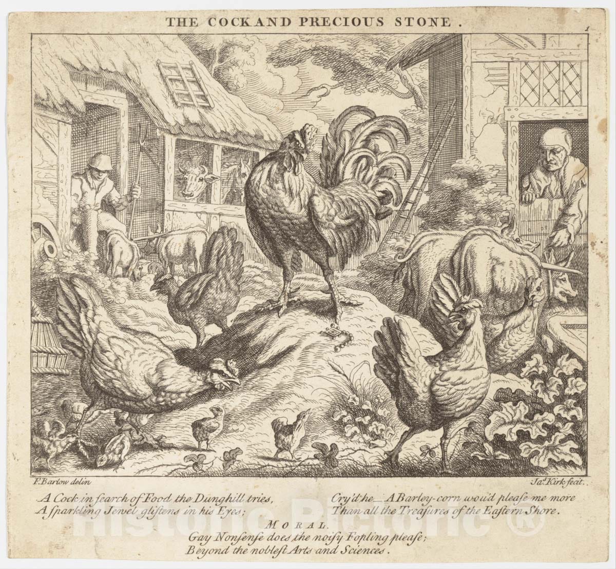 Art Print : Francis Barlow - The Cock and The Precious Stone, from Aesop's Fables : Vintage Wall Art