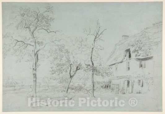Art Print : Constant Troyon - A Farmhouse with a Thatched Roof and Trees Beside a River : Vintage Wall Art
