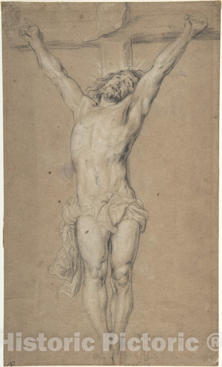 Art Print : After Anthony Van Dyck - Christ on The Cross; Verso: St. Jerome Reading by Candlelight, and Sketch of Male Torso (?) : Vintage Wall Art