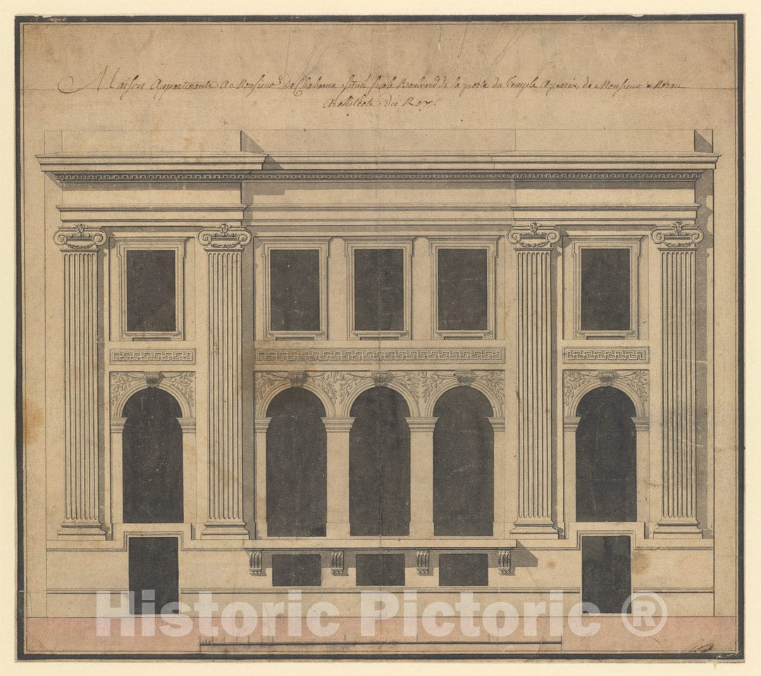 Art Print : Workshop of Pierre Louis Moreau Desproux - Façade of The Hôtel de Chavannes, Paris (Recto); Plan of a Circular Room (Verso) : Vintage Wall Art