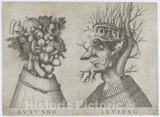 Art Print : Anonymous, Italian, 16th to Early 17th Century - Autumn and Winter: Two Heads Made from Flora Typical of Those Seasons : Vintage Wall Art