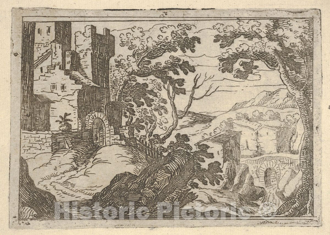 Art Print : Remigio Cantagallina - Landscape with Buildings to The Left and a Bridge at Right Below : Vintage Wall Art