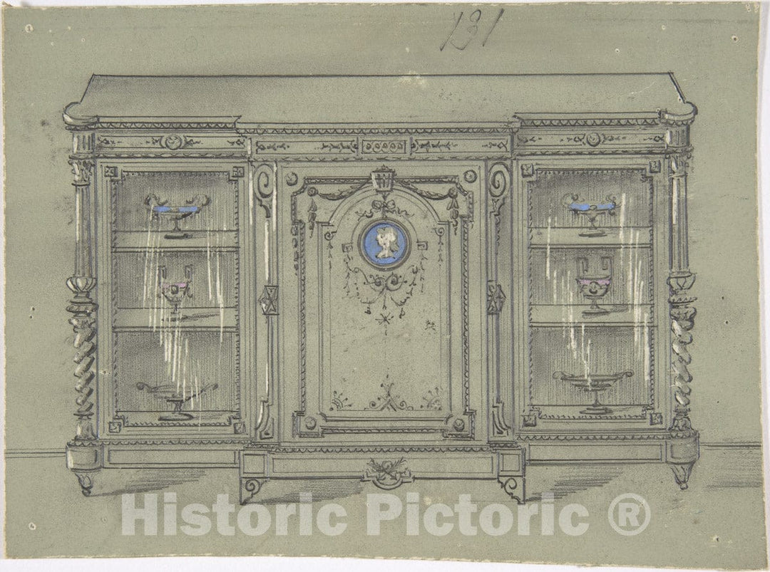 Art Print : British, 19th Century - Design for a Cabinet with Glass Doors and a Porcelain Plaque : Vintage Wall Art