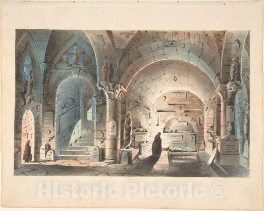 Art Print : Italian, 19th Century - Design for a Stage Set: Crypt Scene : Vintage Wall Art