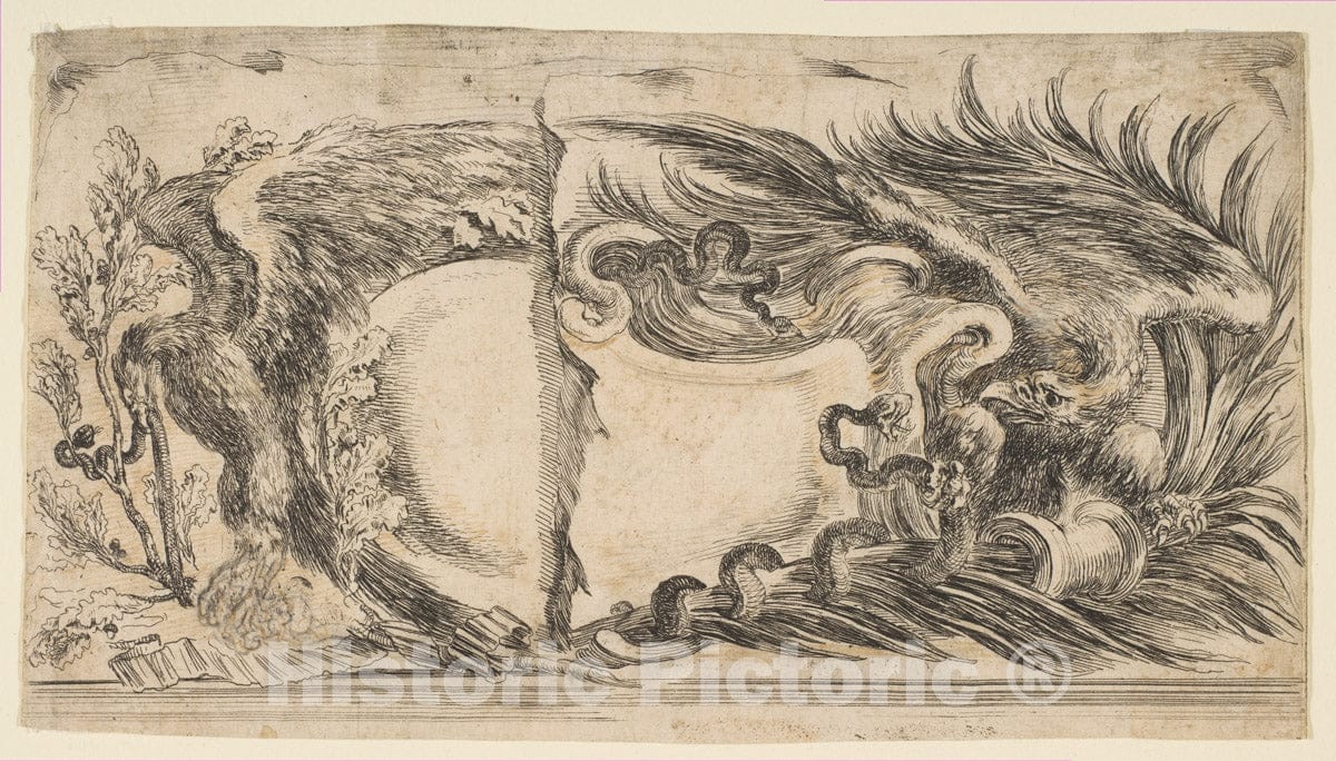 Art Print : Stefano Della Bella - Two Different Halves of Cartouches Each Showing an Eagle Fighting a Serpent : Vintage Wall Art