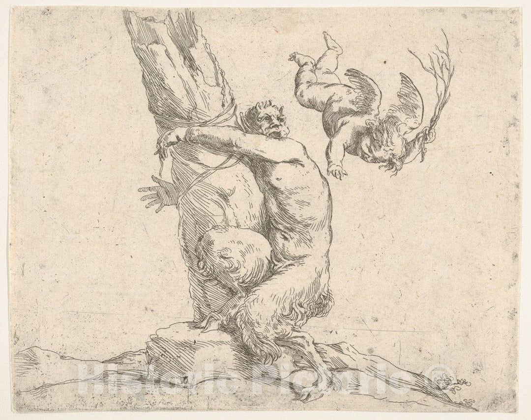 Art Print : Jusepe de Ribera (Called Lo Spagnoletto) - A Winged putto Flogging a Satyr Tied to a Tree v.1 : Vintage Wall Art