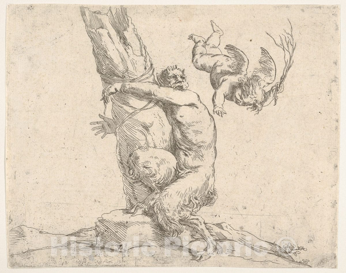 Art Print : Jusepe de Ribera (Called Lo Spagnoletto) - A Winged putto Flogging a Satyr Tied to a Tree v.1 : Vintage Wall Art