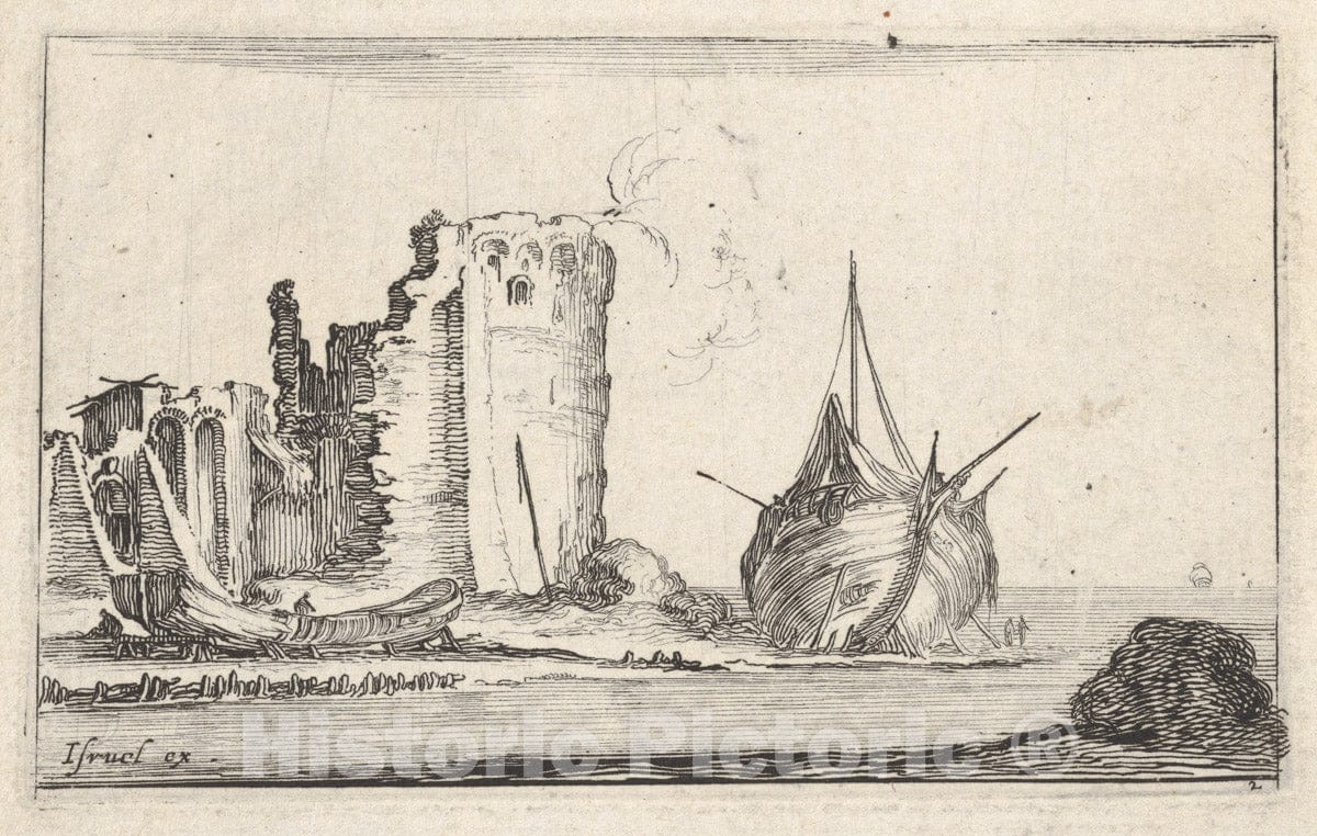 Art Print : Plate 2: a Ship at Right and a Rowboat at Left - Artist: Stefano Della Bella - Created: c1642 : Vintage Wall Art