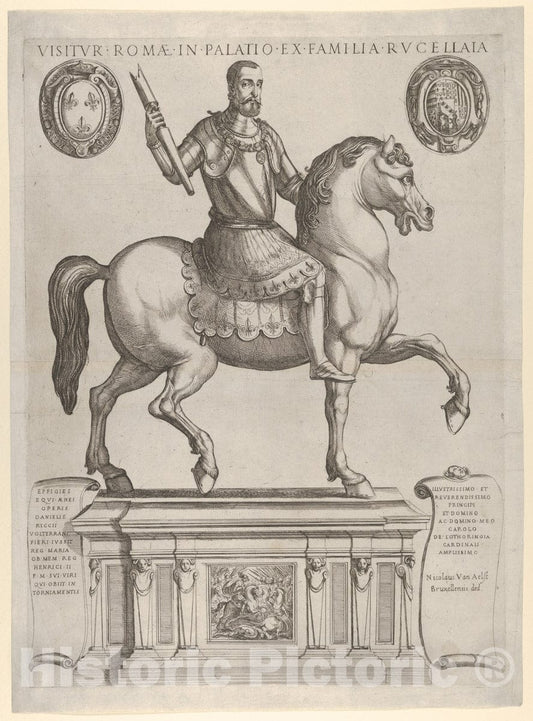 Art Print : Antonio Tempesta - Equestrian Statue of Henry II, King of France, in The Palazzo Rucellai by Daniele de Volterra : Vintage Wall Art