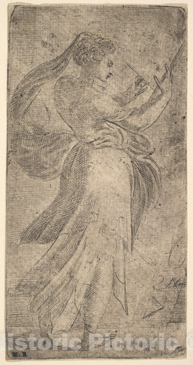 Art Print : Andrea Schiavone (Andrea Meldola) - A Woman Standing in Profile Writing on a Tablet : Vintage Wall Art