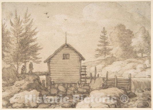 Art Print : Allart Van Everdingen - A Mill on Rocks in a River in Norway : Vintage Wall Art