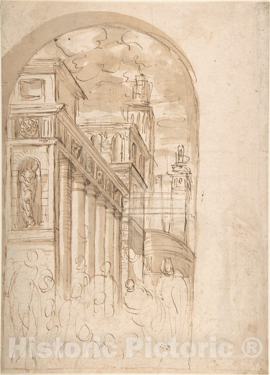 Art Print : Figures Gathered Before a Group of Buildings, One with a Colonnade - Artist: Italian, Roman-Bolognese, 17th Century - 17th Century : Vintage Wall Art