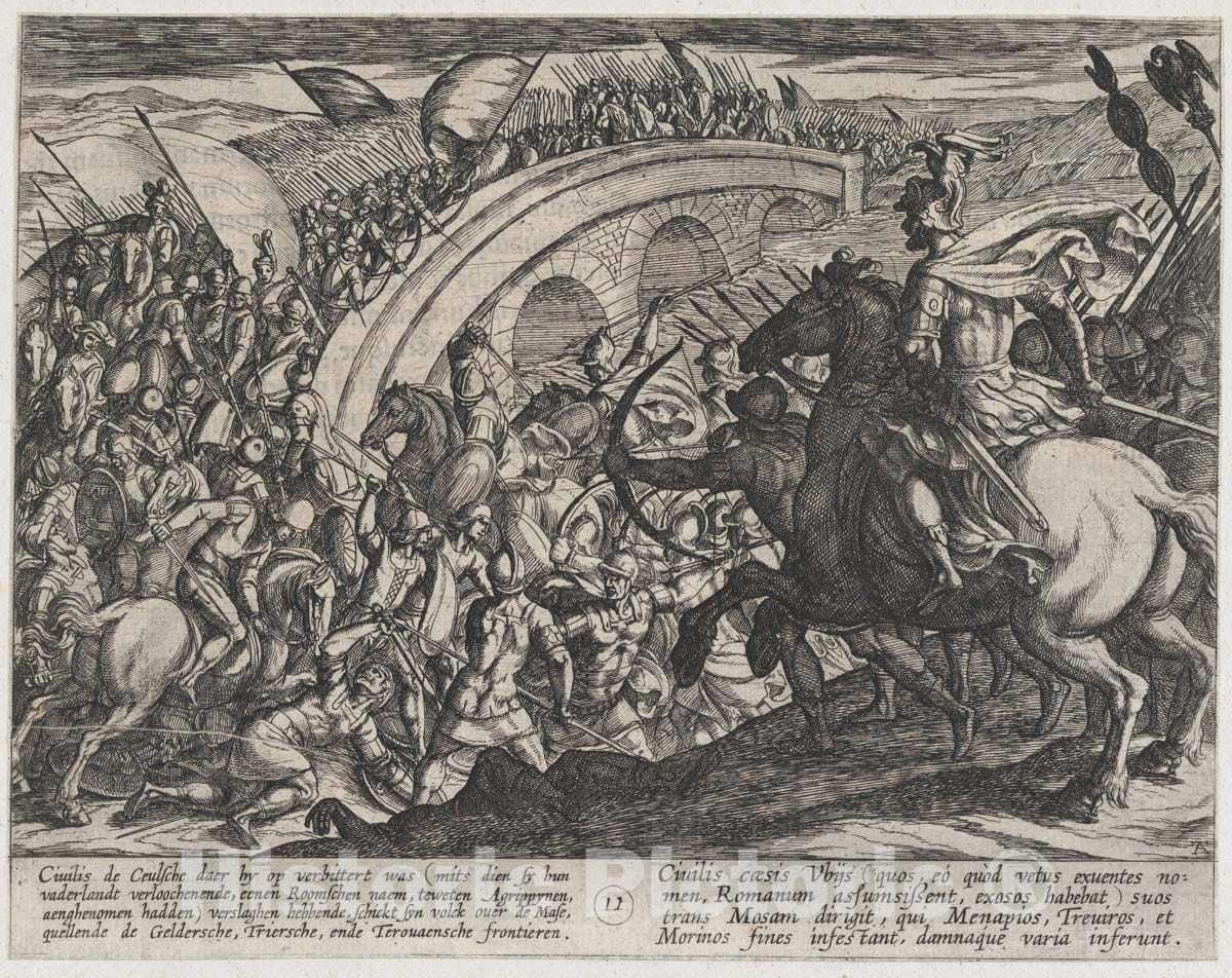 Art Print : Antonio Tempesta - Plate 11: Civilis' Troops Crossing The Maas River, from The War of The Romans Against The Batavians (Romanorvm et Batavorvm societas) : Vintage Wall Art