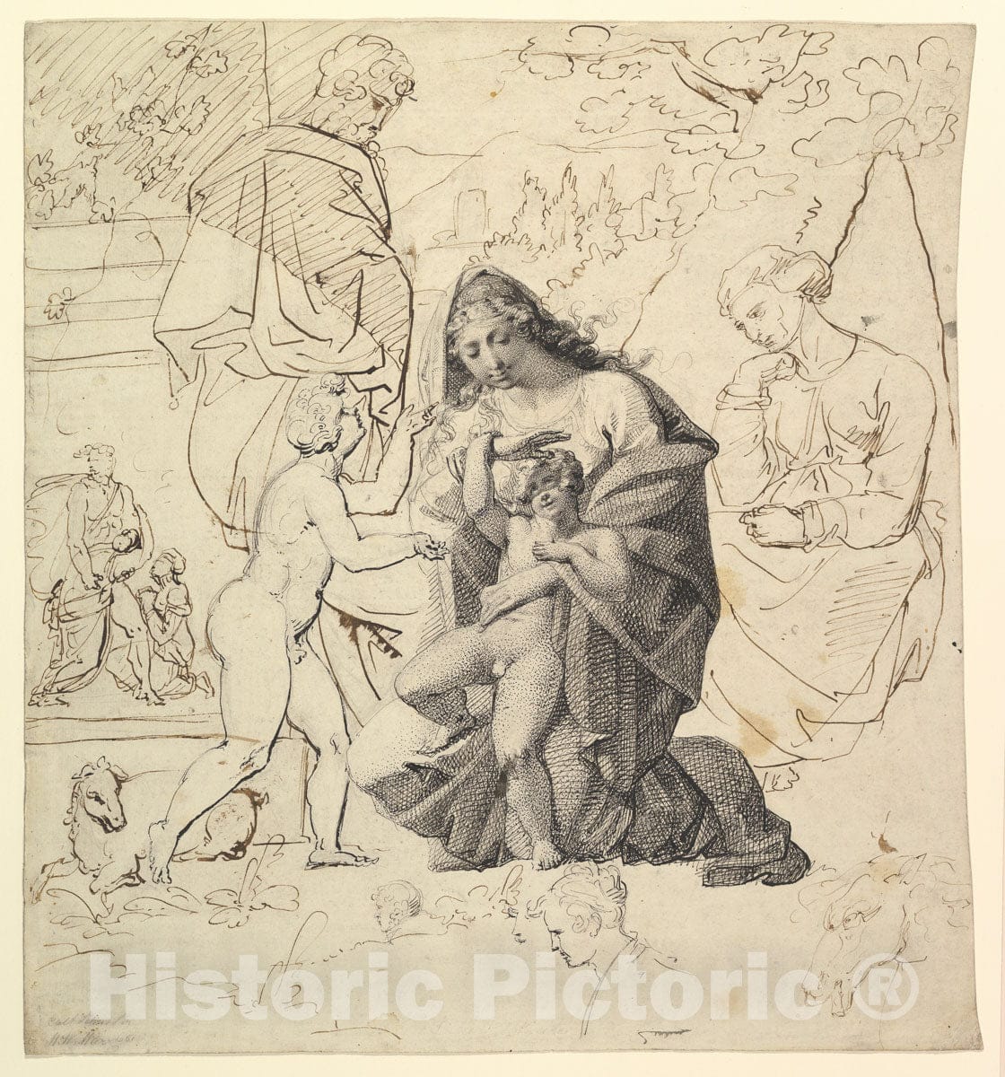 Art Print : The Holy Family with Saint Anne and Saint John in a Classical Landscape