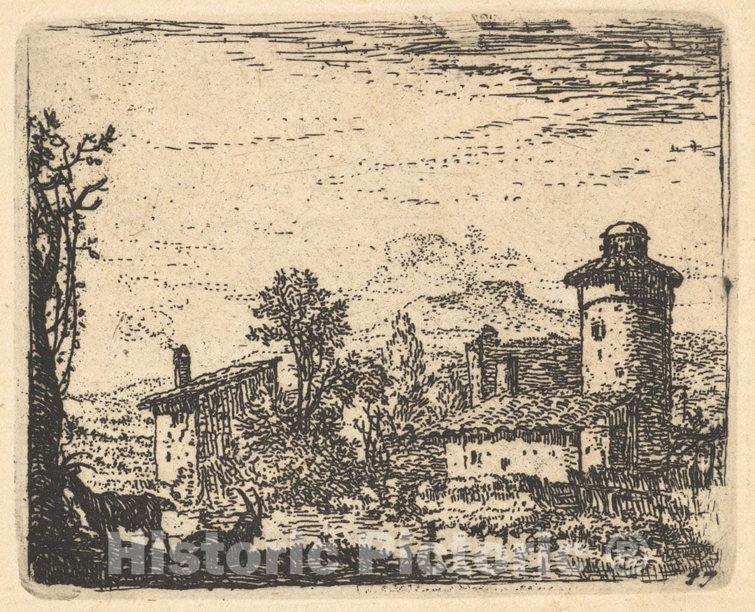Art Print : Karel Dujardin - Landscape with Two Horned Goats in Shadow at Left Foreground, Village Buildings Beyond, from The Series 'The Small Landscapes' : Vintage Wall Art
