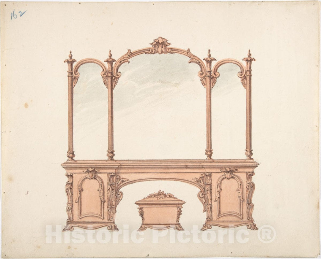 Art Print : British, 19th Century - Design for a Mirrored Sideboard with Rococo Ornament, and Casket 1 : Vintage Wall Art