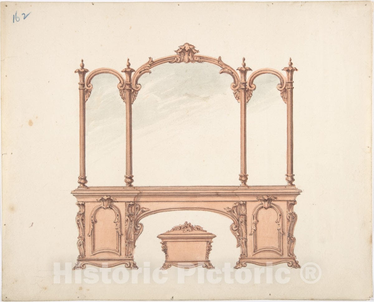 Art Print : British, 19th Century - Design for a Mirrored Sideboard with Rococo Ornament, and Casket 1 : Vintage Wall Art