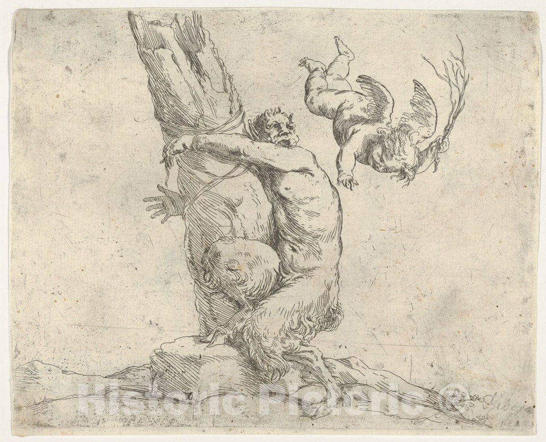 Art Print : Jusepe de Ribera (Called Lo Spagnoletto) - A Winged putto Flogging a Satyr Tied to a Tree v.2 : Vintage Wall Art