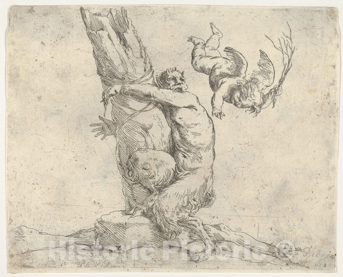 Art Print : Jusepe de Ribera (Called Lo Spagnoletto) - A Winged putto Flogging a Satyr Tied to a Tree v.2 : Vintage Wall Art