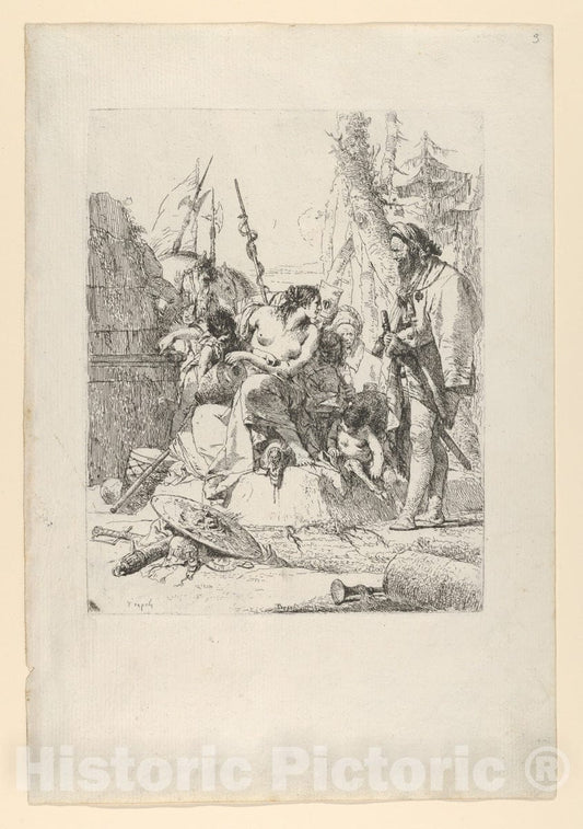 Art Print : Giovanni Battista Tiepolo - Half-Dressed Nymph with Two Children, Surrounded by Four Men, from The Scherzi : Vintage Wall Art