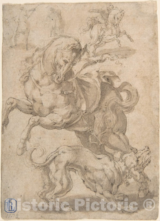 Art Print : 17th Century - Horses and Dog : Vintage Wall Art