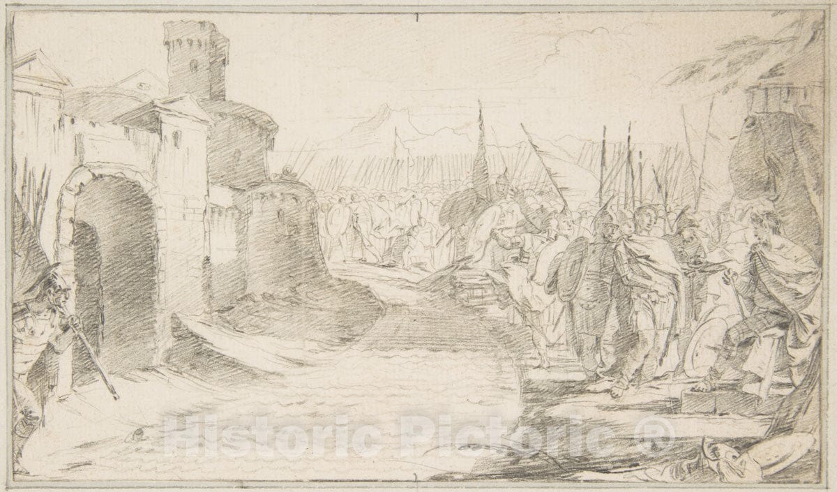 Art Print : Giovanni Battista Tiepolo - Illustration for a Book: Meeting Between Two Generals (?) Before a Fortified Town : Vintage Wall Art