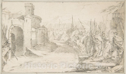 Art Print : Giovanni Battista Tiepolo - Illustration for a Book: Meeting Between Two Generals (?) Before a Fortified Town : Vintage Wall Art