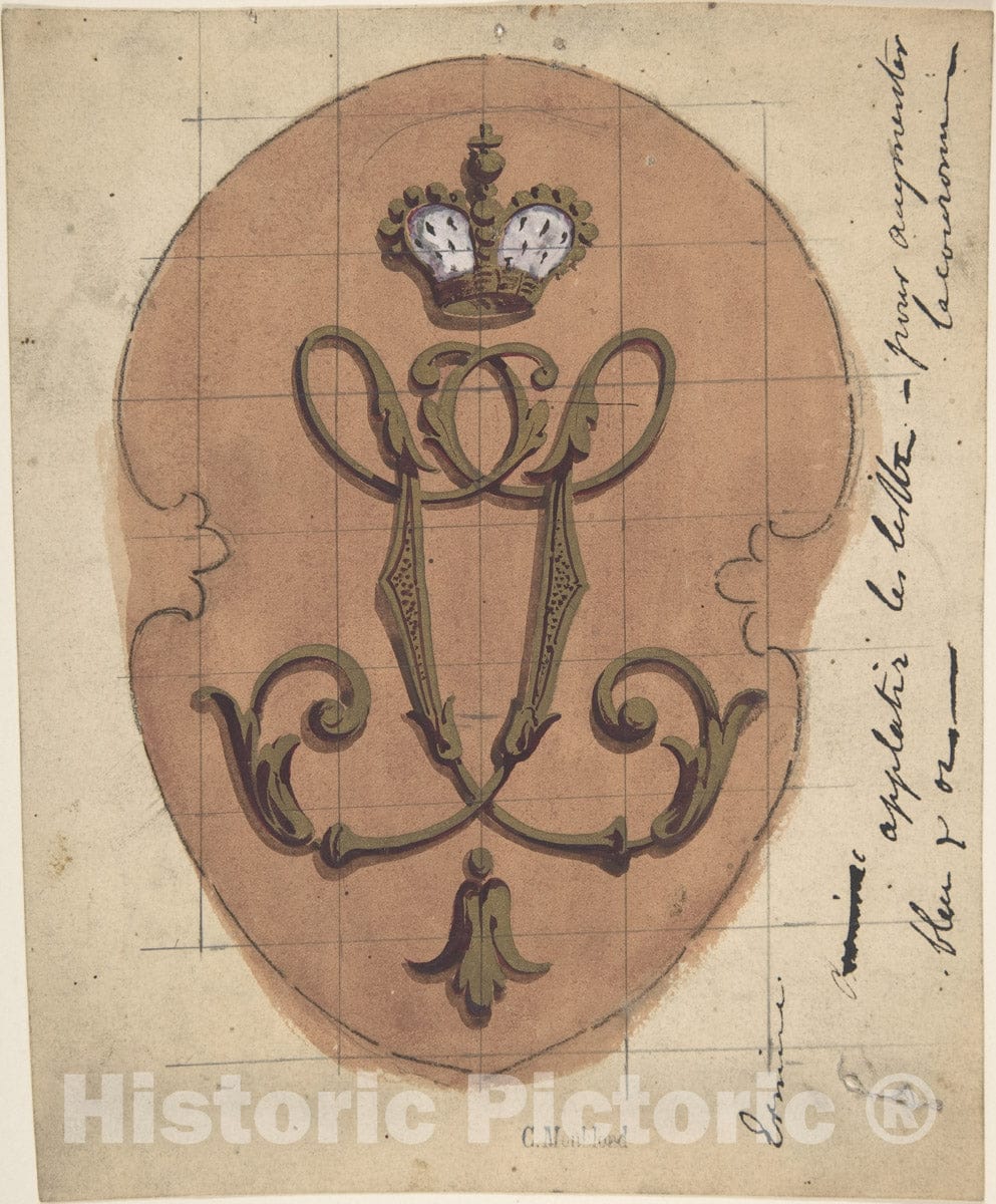 Art Print : Charles Monblond - Design for a Monogram Surmounted by a Crown : Vintage Wall Art