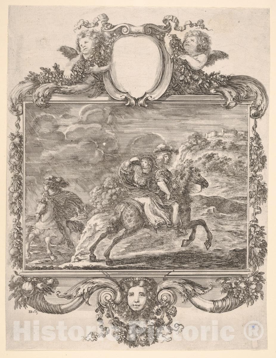 Art Print : A Horseman and a Lady Riding Side Saddle - Artist: Stefano Della Bella - Created: c1652 : Vintage Wall Art