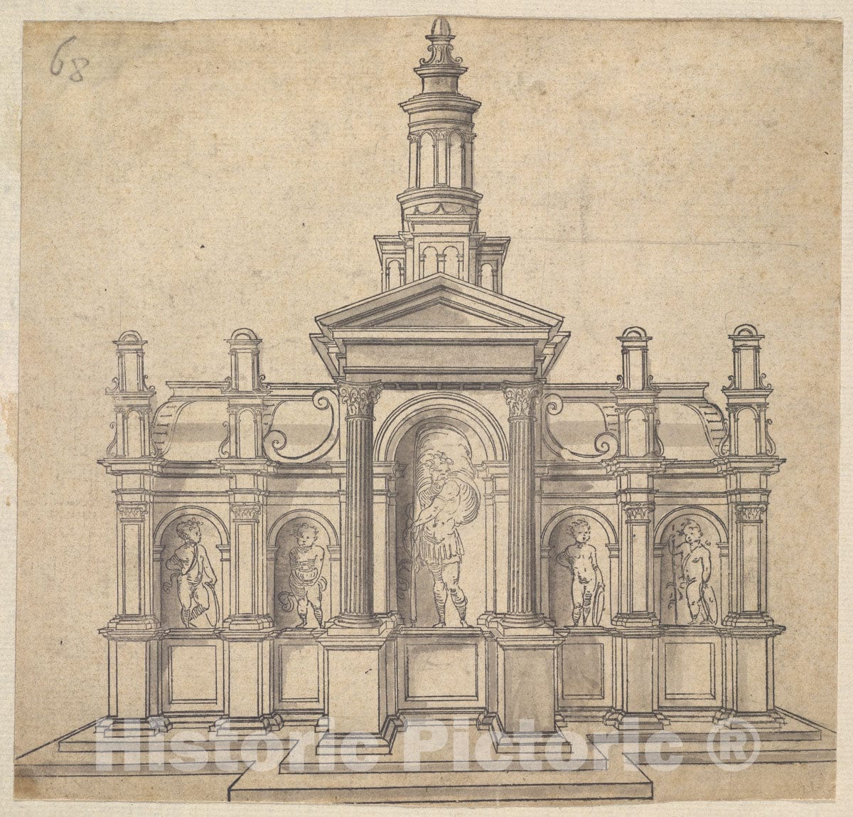 Art Print : Anonymous - Architecturally-Shaped Tabernacle with a Saint and Four Putti : Vintage Wall Art