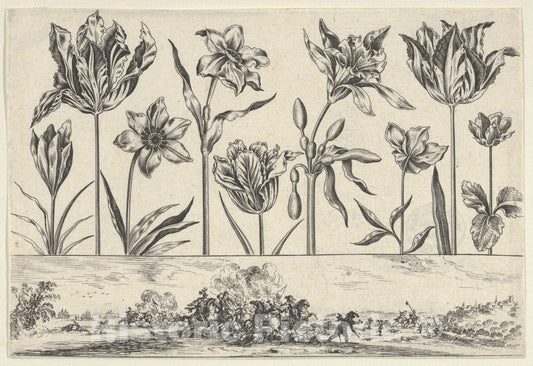 Art Print : Nicolas Cochin - Horizontal Panel with a Row of Flowers Above a Frieze with a Battle Scene in a Landscape, from Livre Nouveau de Fleurs Tres-Util 2 : Vintage Wall Art