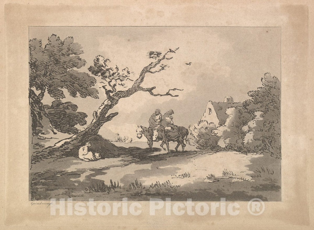 Art Print : Thomas Rowlandson - Landscape with Figures on Horseback, Another Resting Under a Gnarled Tree, and a Cottage at Right Nestled in Trees : Vintage Wall Art