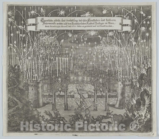 Art Print : Melchior Küsel - Fireworks Celebrating The Marriage of Emperor Leopold I and Margarita, Vienna 1666 1 : Vintage Wall Art