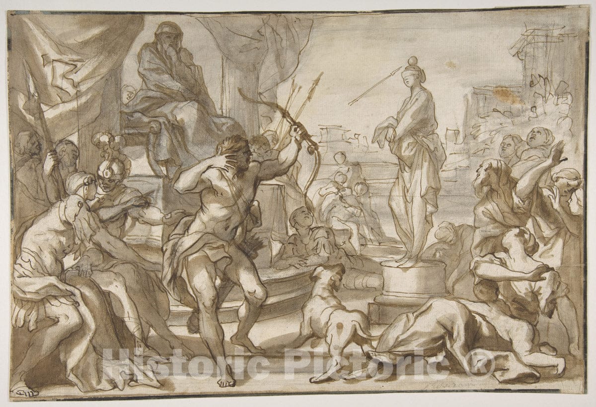 Art Print : Domenico Piola - Male Figure with a Bow and Arrow Shooting at a Statue of a Woman with a Ball on her Head : Vintage Wall Art